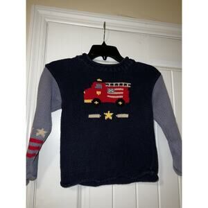 Bowen & Wright for boys firetruck knit sweater long sleeve american flag blue LG